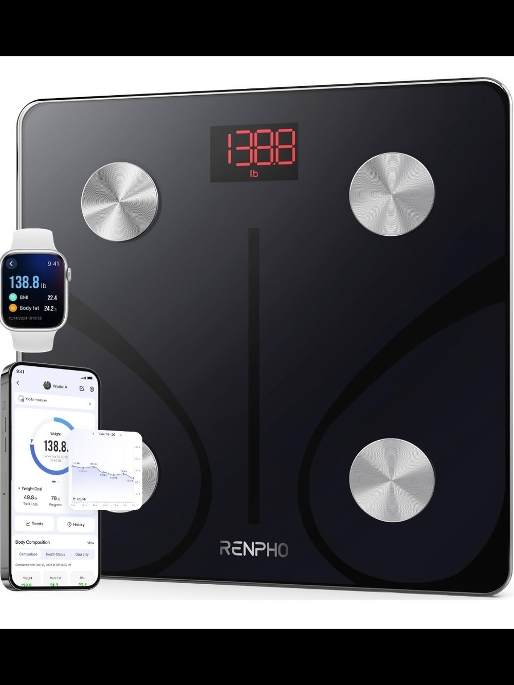 RENPHO Elis 1 Body Composition Scale Black Glass Bluetooth Modern Body Fat Scale